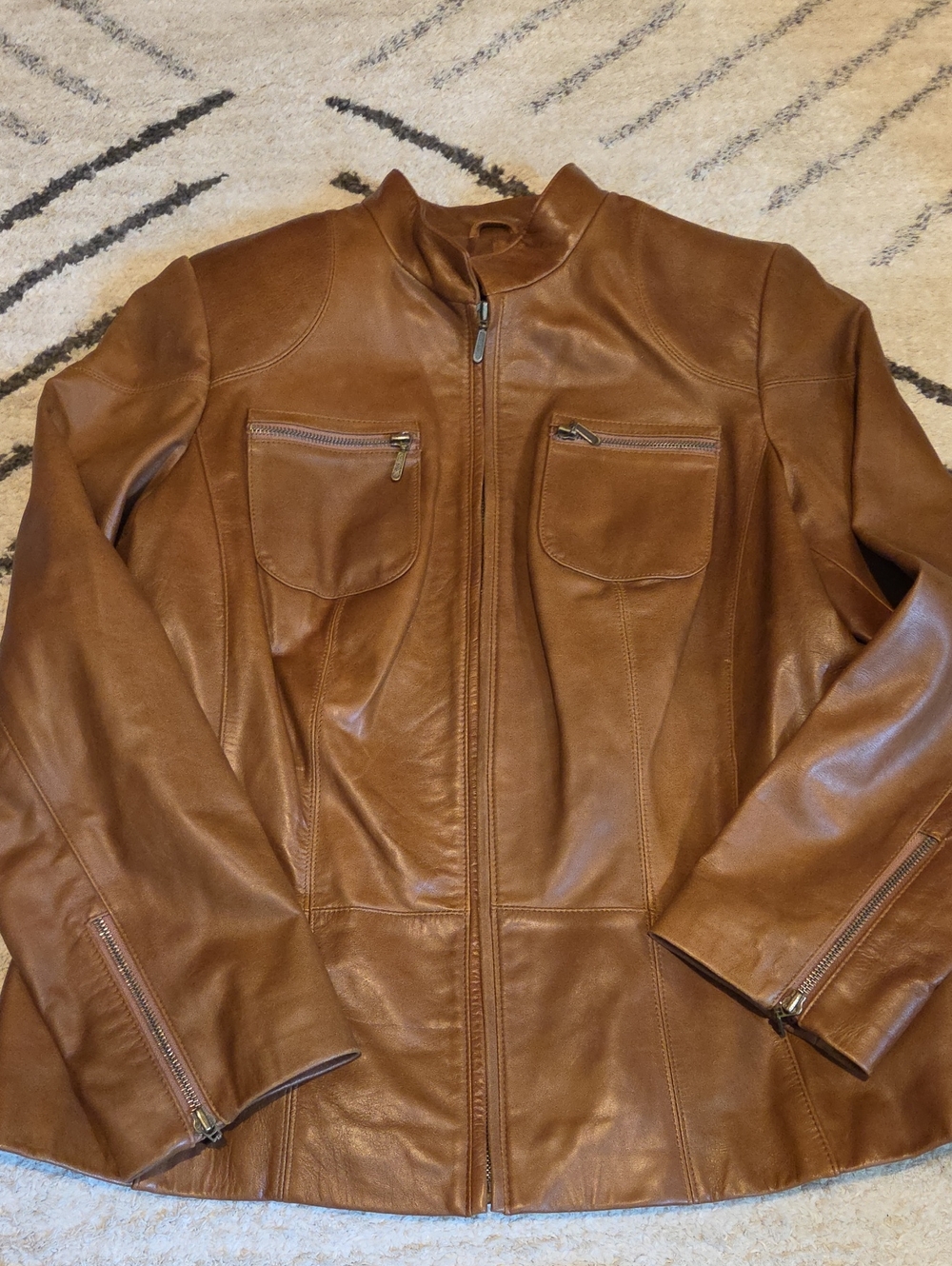 Alfani Tan Brown Leather Zip-Front Jacket